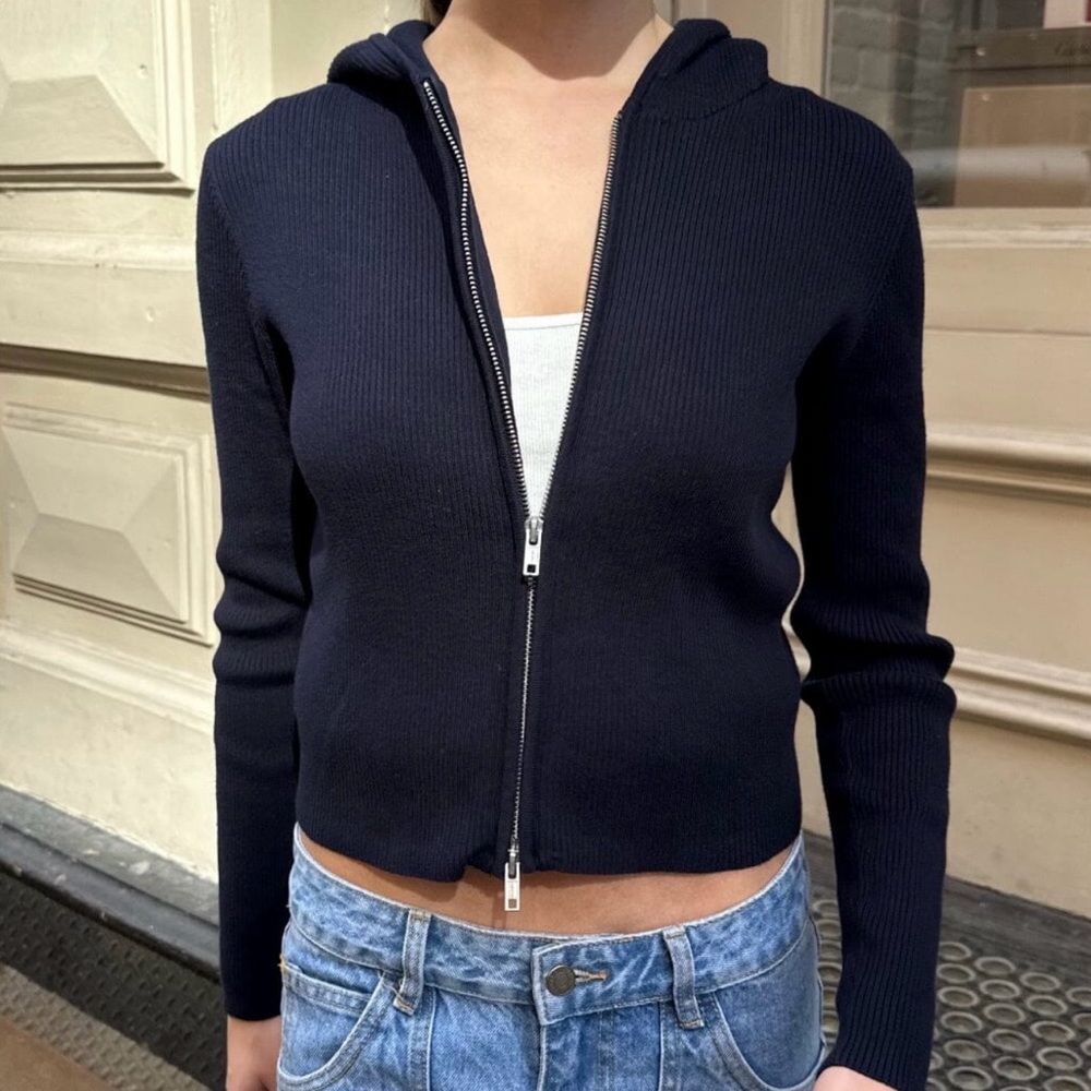 Brandy Melville Double Zipper Black Ribbed Hoodie. - Picture 1 of 1